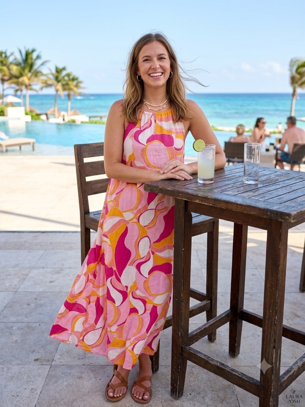 Rachel Zoe Linen Maxi Dress Large Retro Boho Orange Pink Tropical Beach Vacation